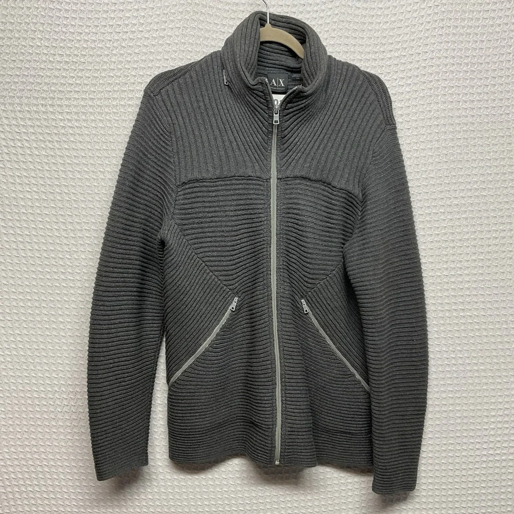 Armani Exchange Sweater Mens Medium Gray Full Zip Knit Jacket Hooded Ribbed Knit